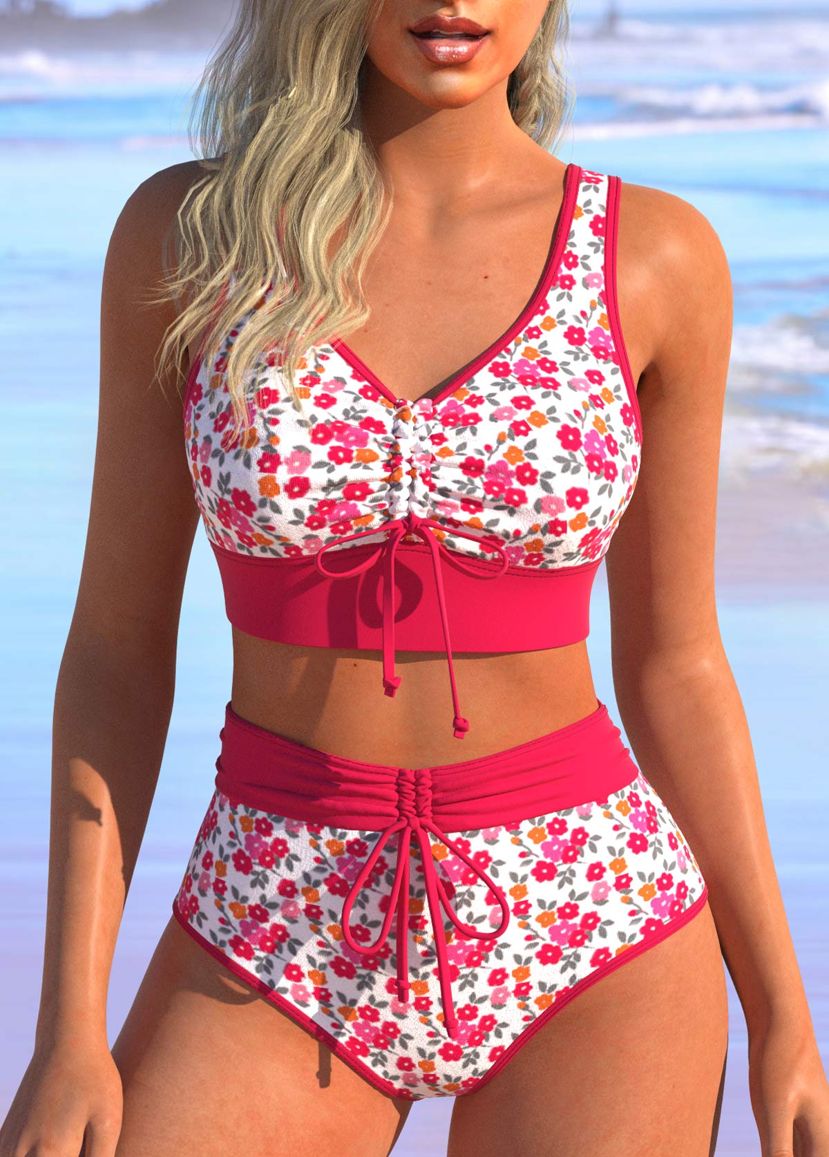 Ruched Ditsy Floral Print Hot Pink Bikini Set | picture 