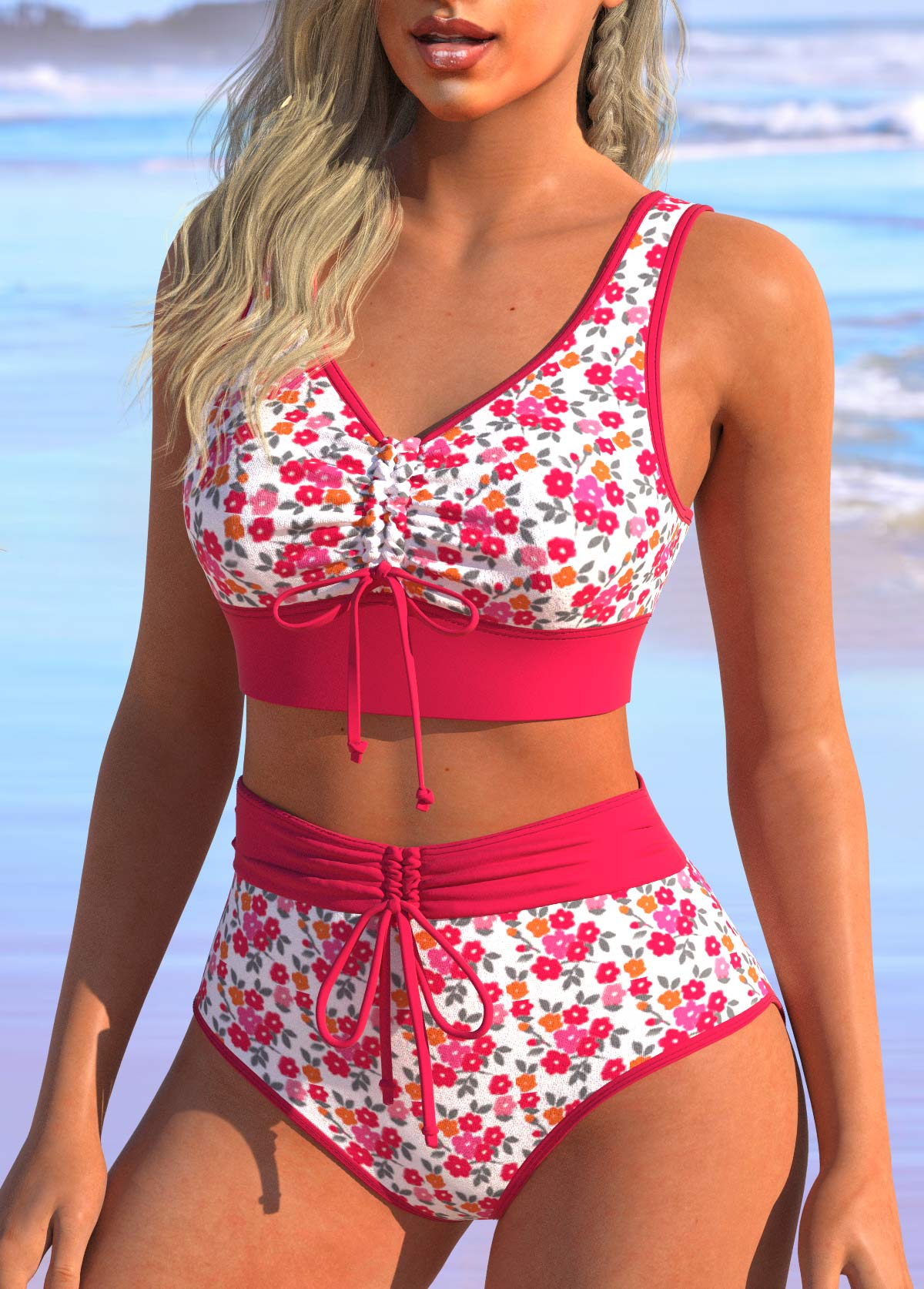 Ruched Ditsy Floral Print Hot Pink Bikini Set
