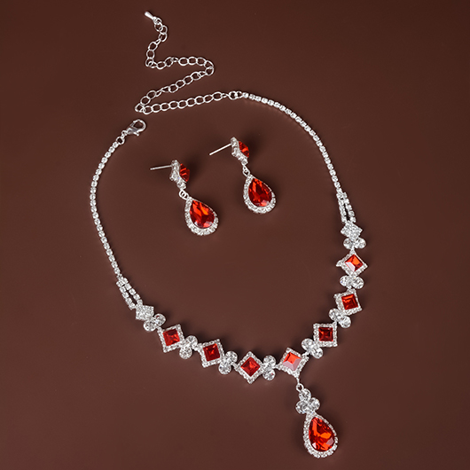 Red Geometric Waterdrop Rhinestone Earrings and Necklace