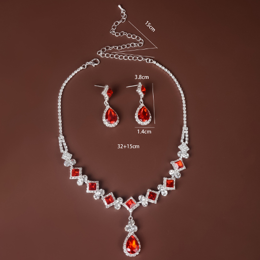 Red Geometric Waterdrop Rhinestone Earrings and Necklace