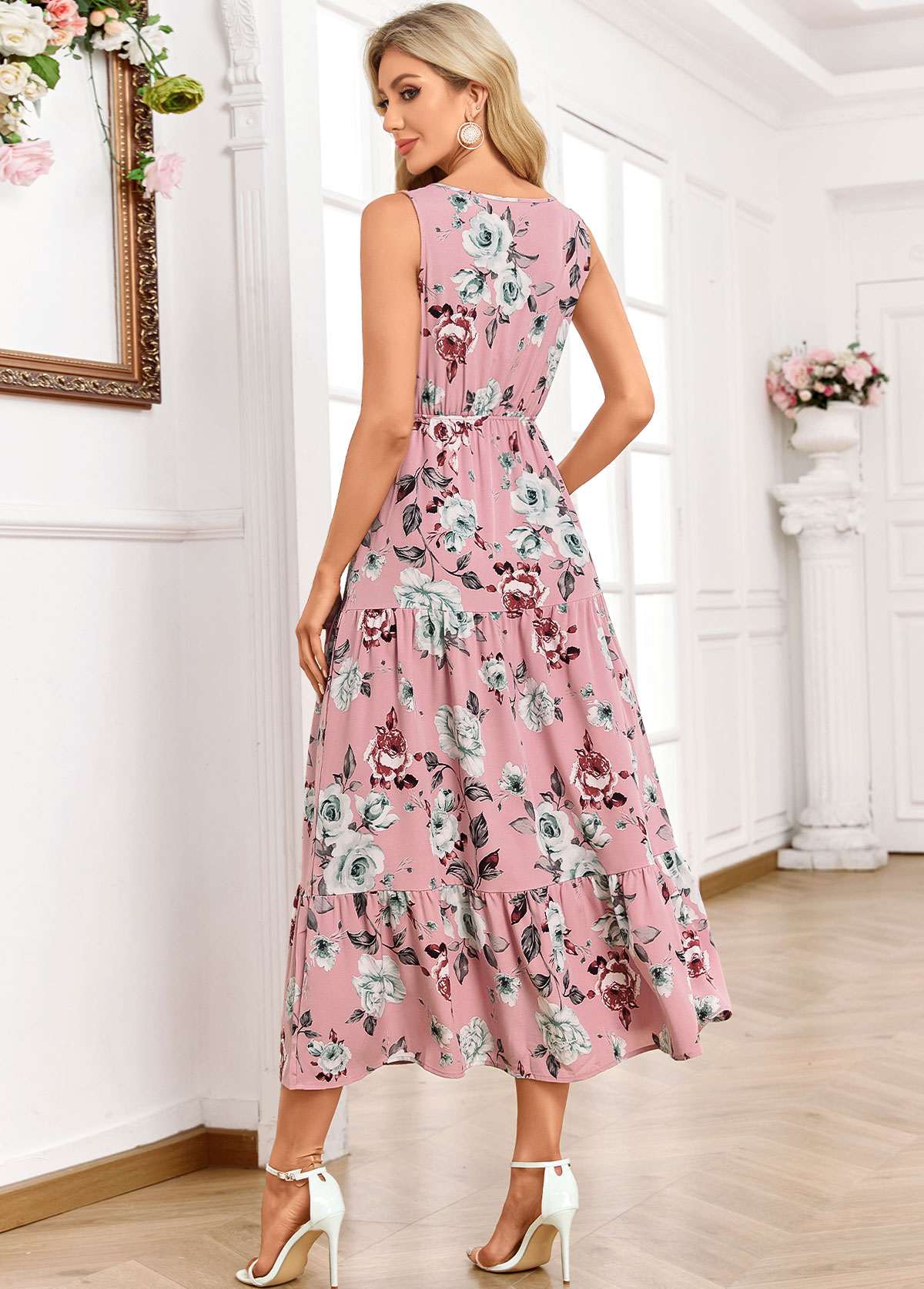Light Pink Ruched Floral Print Sleeveless V Neck Dress