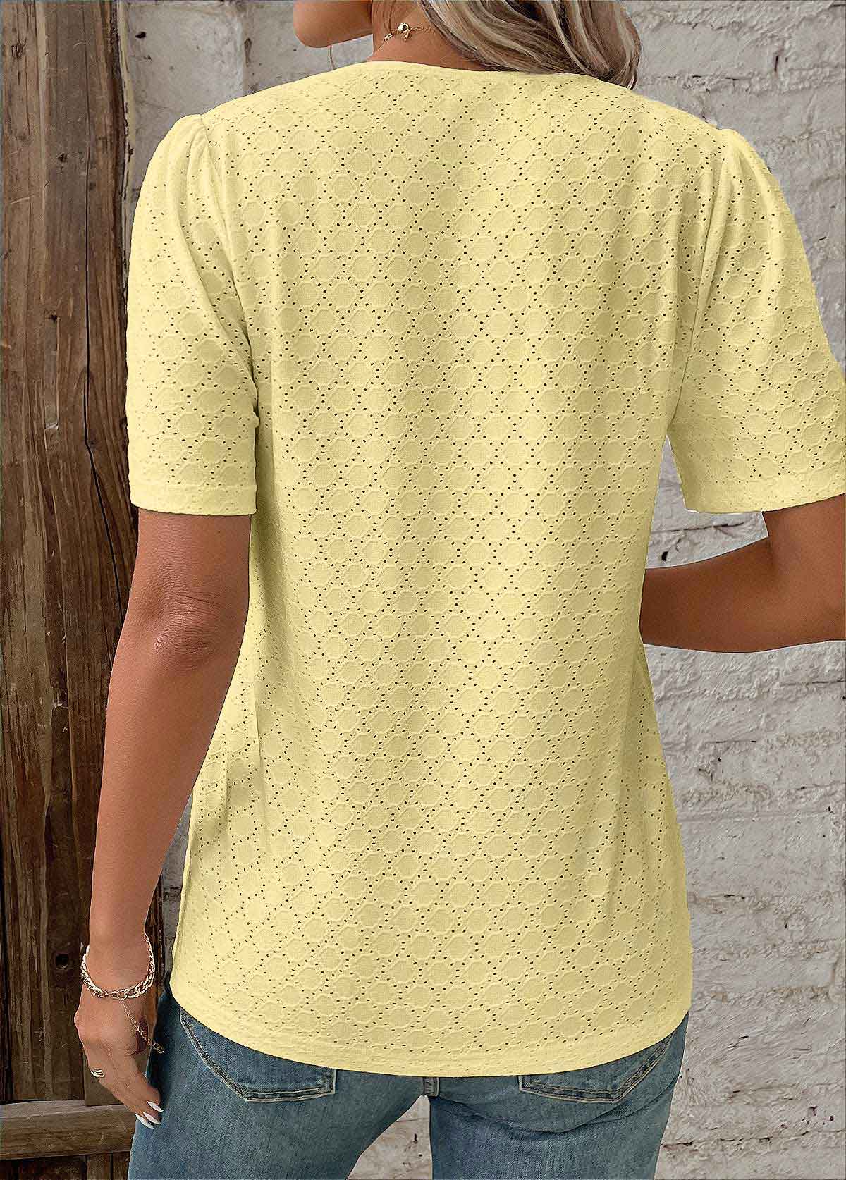 Light Yellow Patchwork Short Sleeve V Neck T Shirt