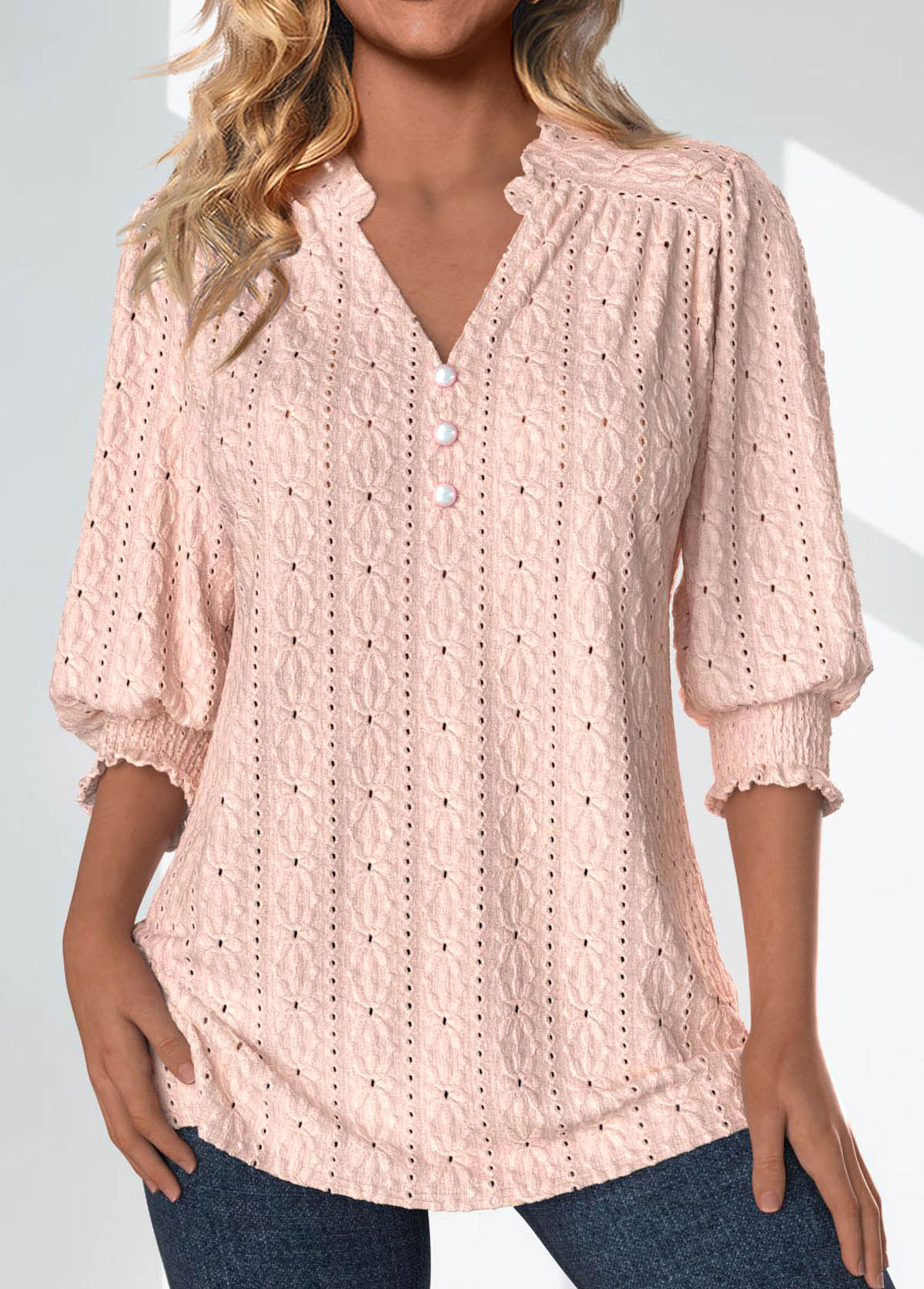 Plus Size Light Pink Split 3/4 Sleeve Blouse | picture 