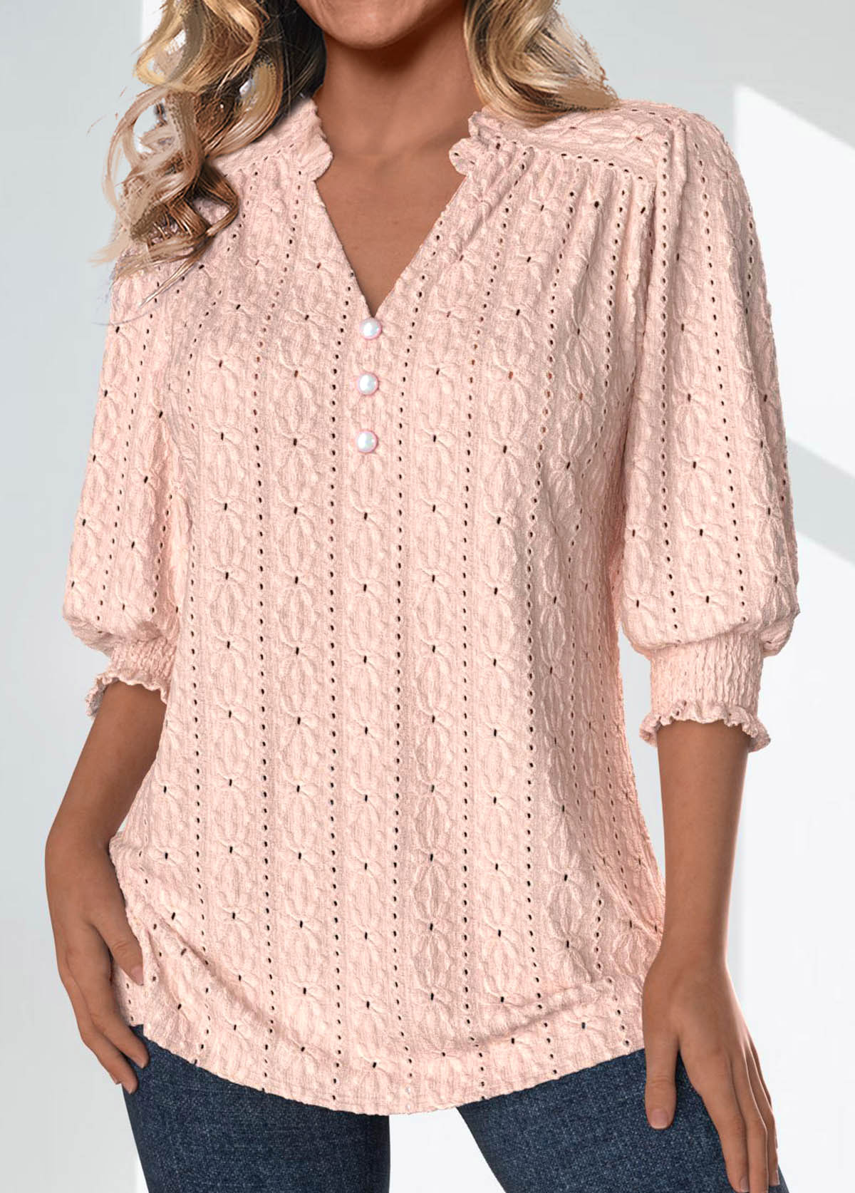 Plus Size Light Pink Split 3/4 Sleeve Blouse | picture 