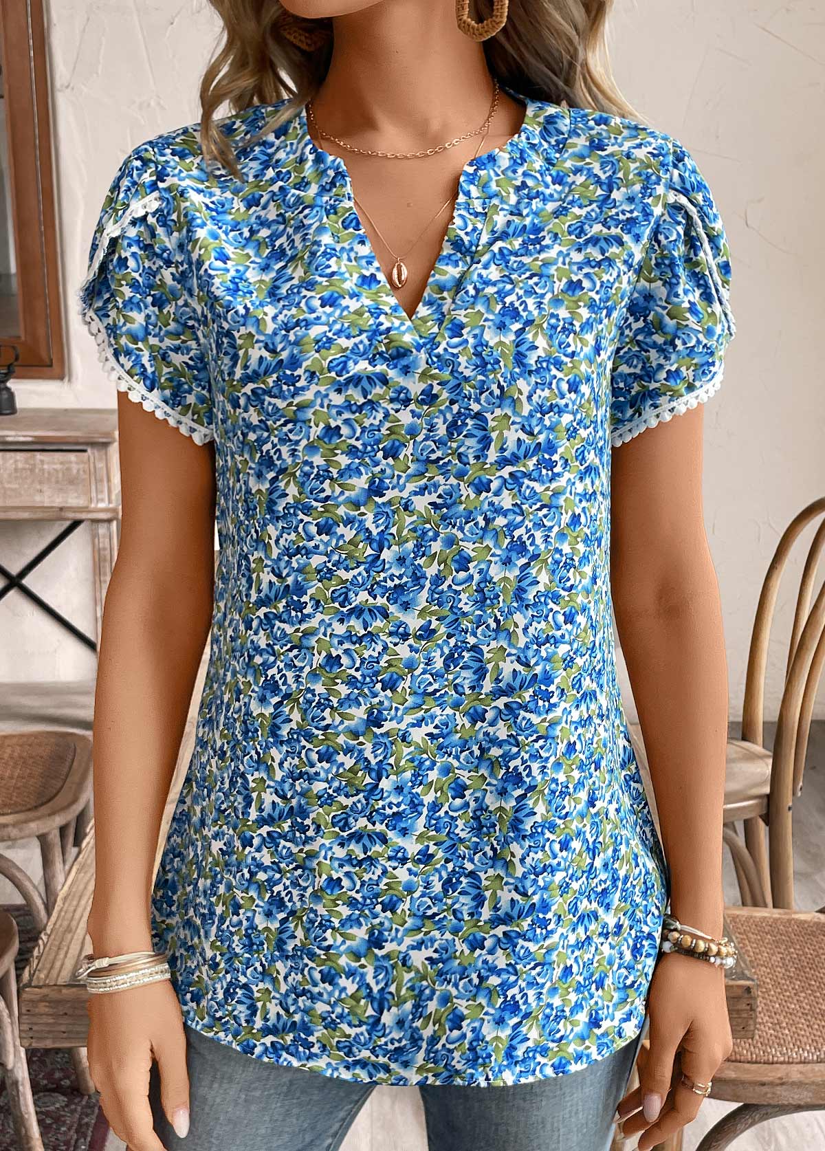 Blue Patchwork Ditsy Floral Print Short Sleeve T Shirt