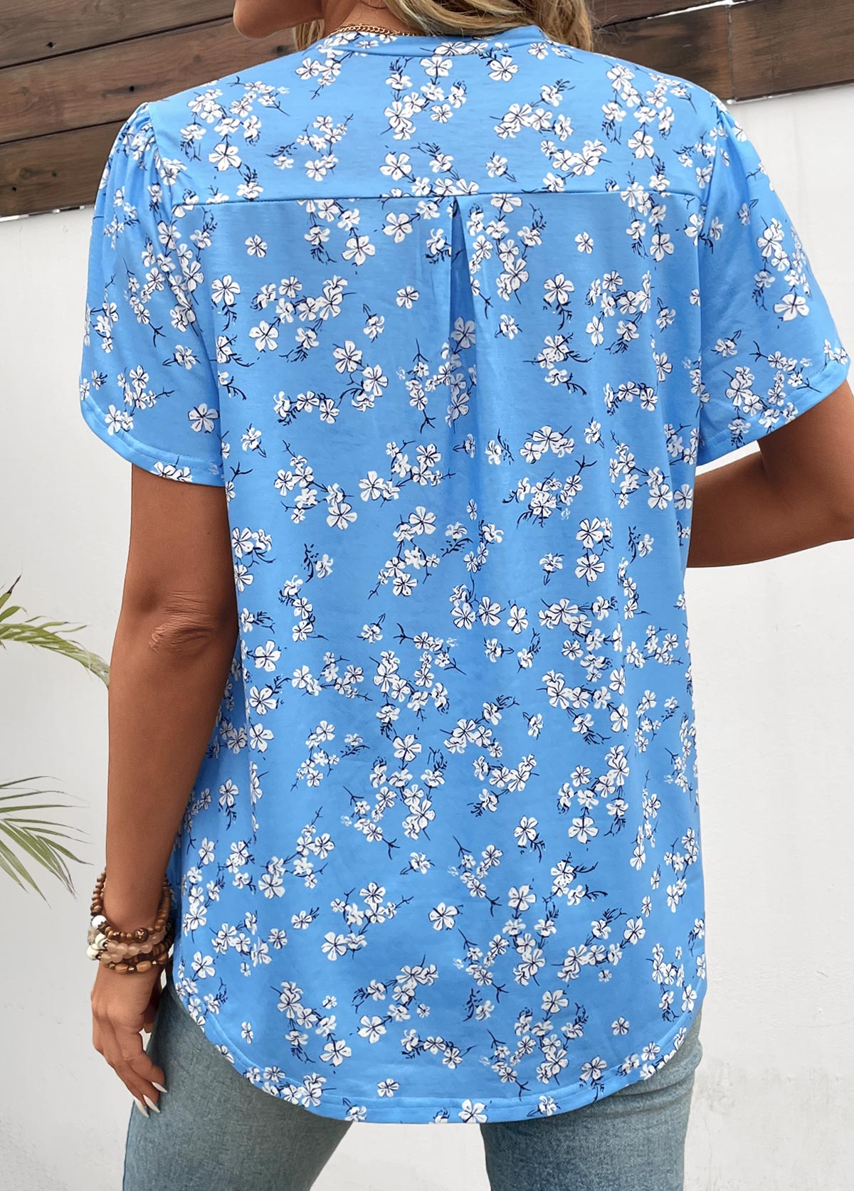 Sky Blue Lightweight Ditsy Floral Print T Shirt