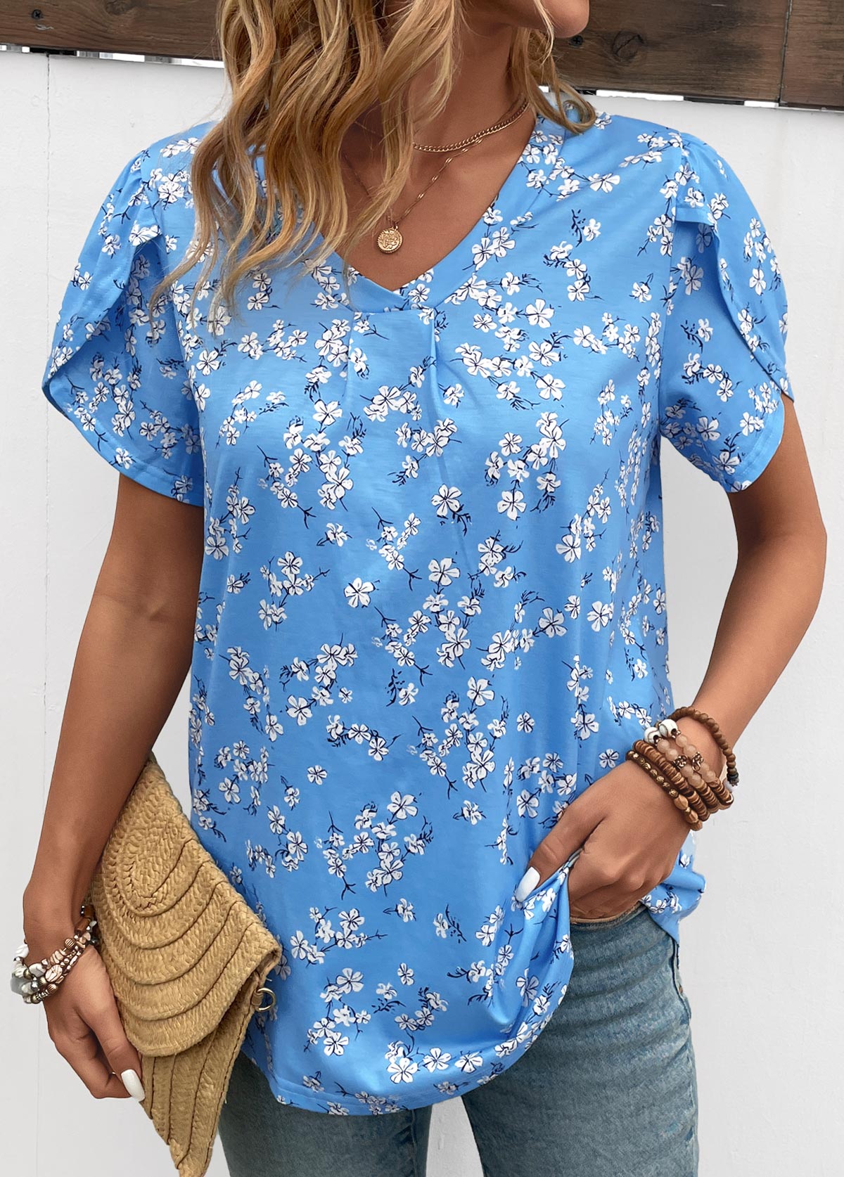 Sky Blue Lightweight Ditsy Floral Print T Shirt