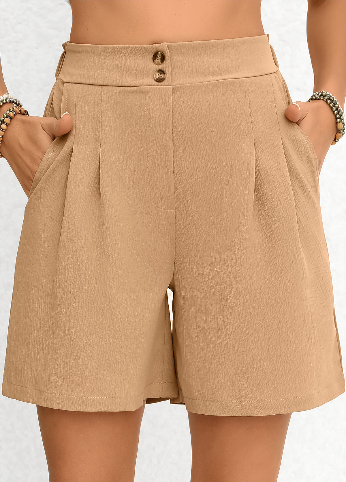 Light Camel Pocket Regular Button Fly High Waisted Shorts