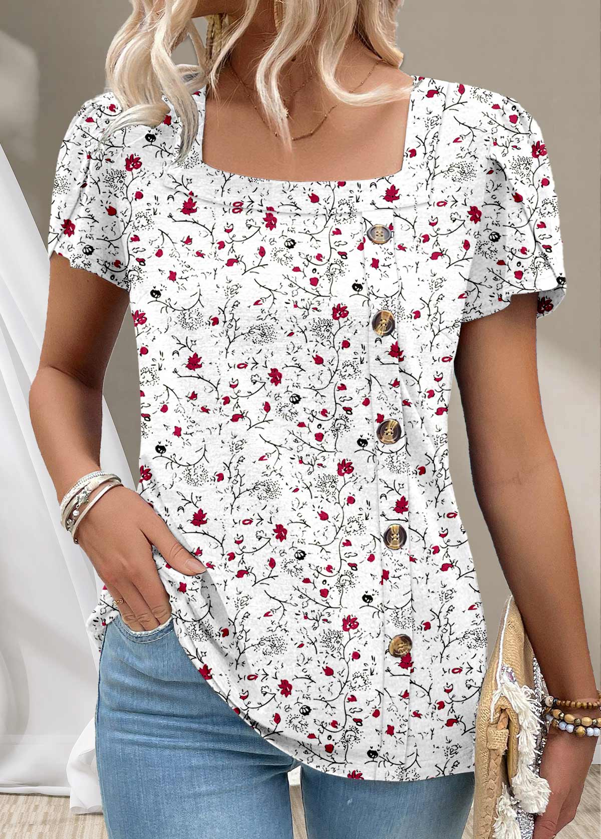 White Button Ditsy Floral Print Short Sleeve T Shirt | picture 