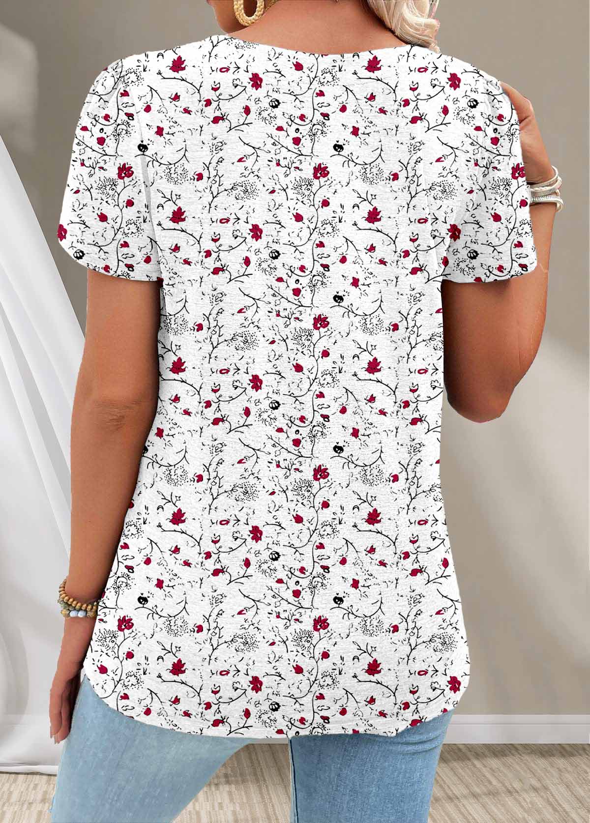 White Button Ditsy Floral Print Short Sleeve T Shirt | picture 