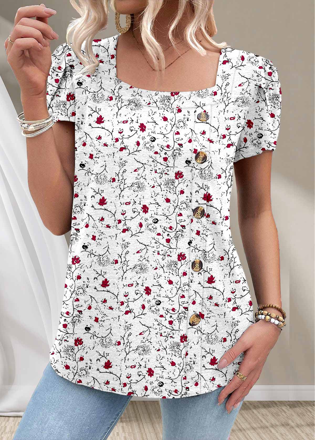 White Button Ditsy Floral Print Short Sleeve T Shirt