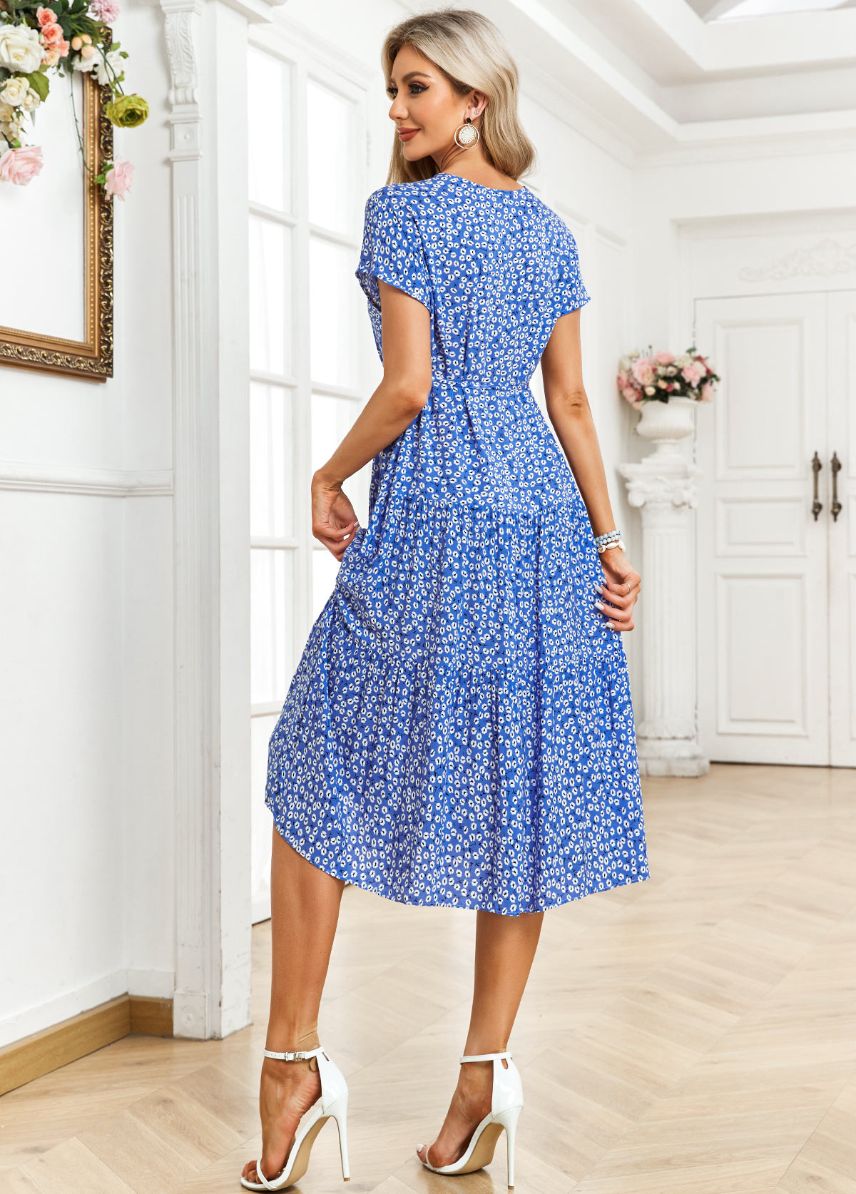 Blue Button Ditsy Floral Print Belted Short Sleeve Dress