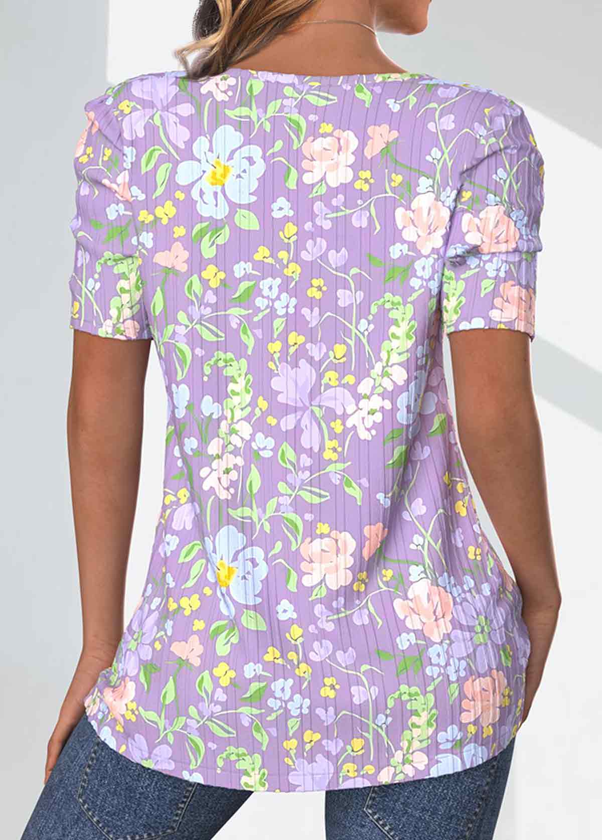 Light Purple Textured Fabric Ditsy Floral Print T Shirt