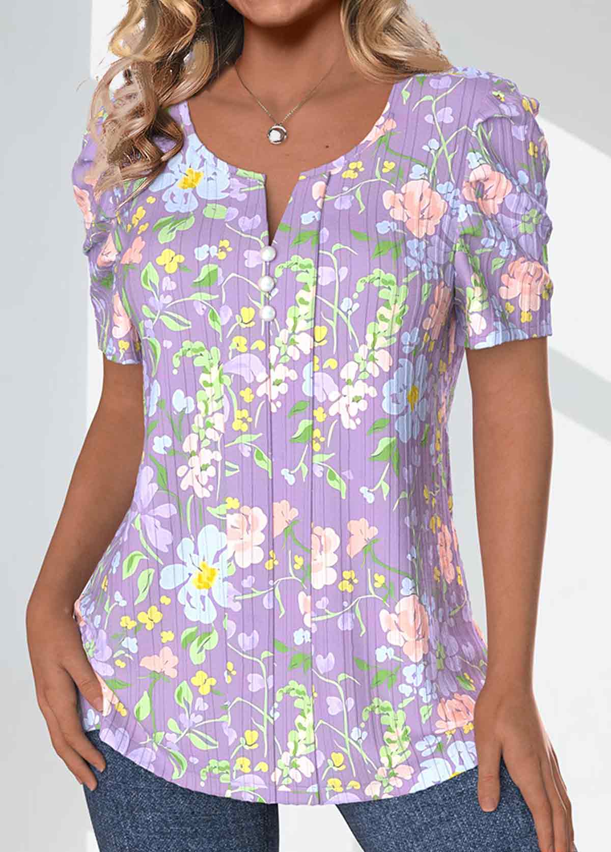 Light Purple Textured Fabric Ditsy Floral Print T Shirt