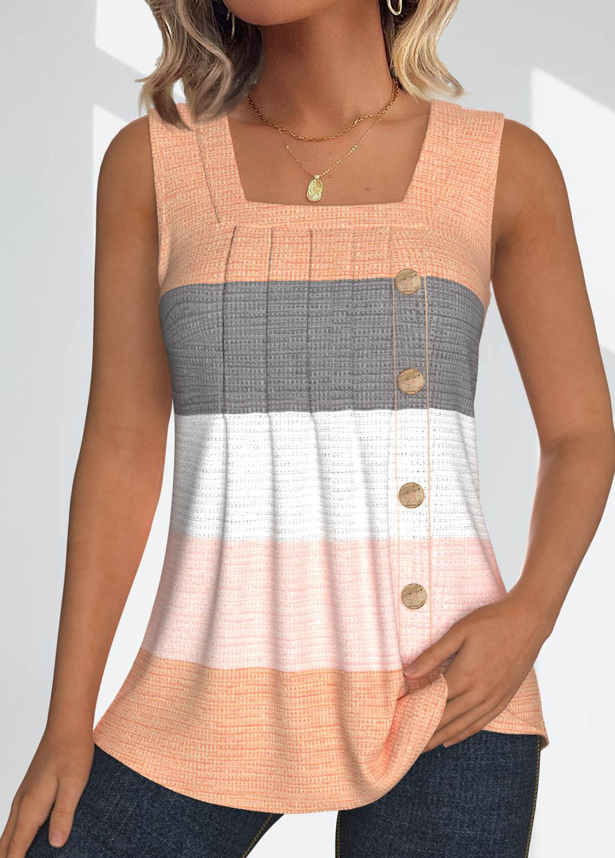Dusty Pink Button Striped Sleeveless Square Neck Tank Top | picture 