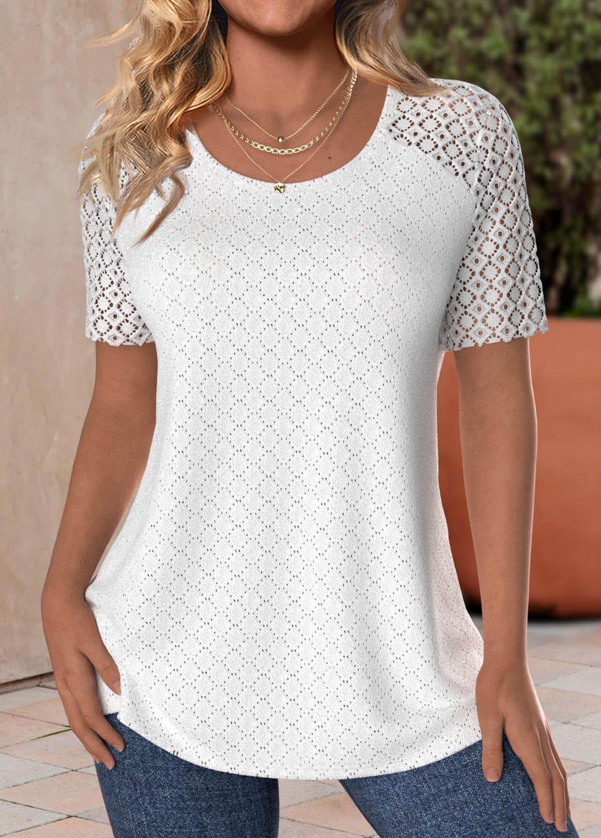 White Lace Short Sleeve Round Neck T Shirt