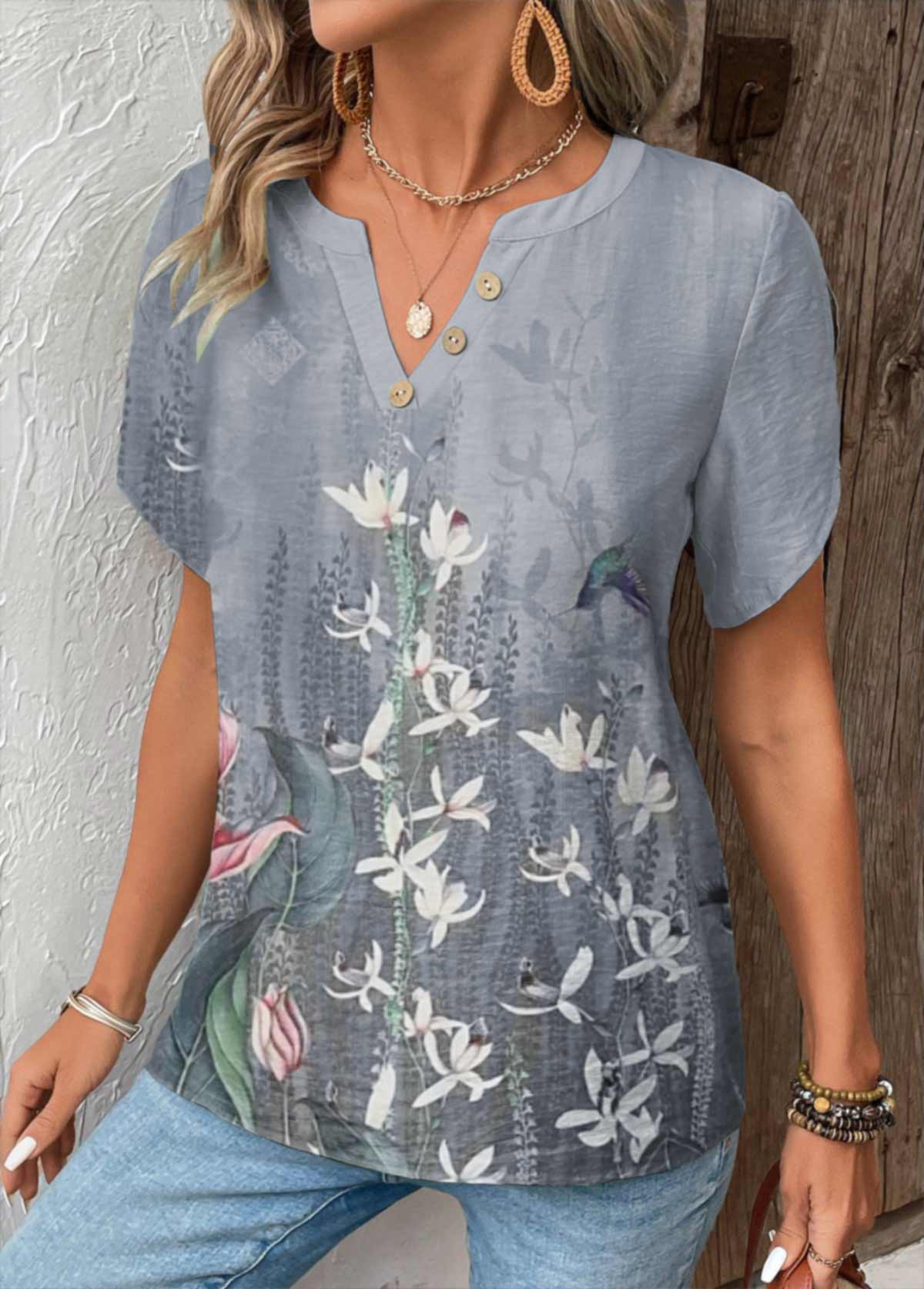 Grey Patchwork Floral Print Short Sleeve T Shirt | picture 