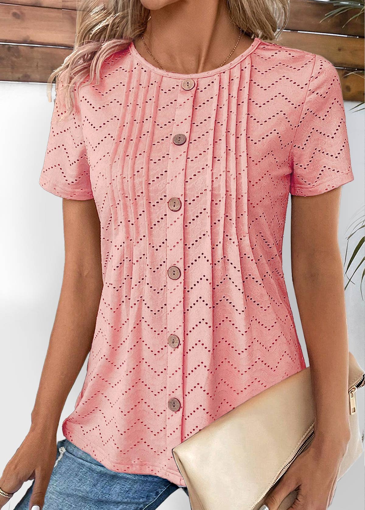 Light Pink Tuck Stitch Short Sleeve T Shirt