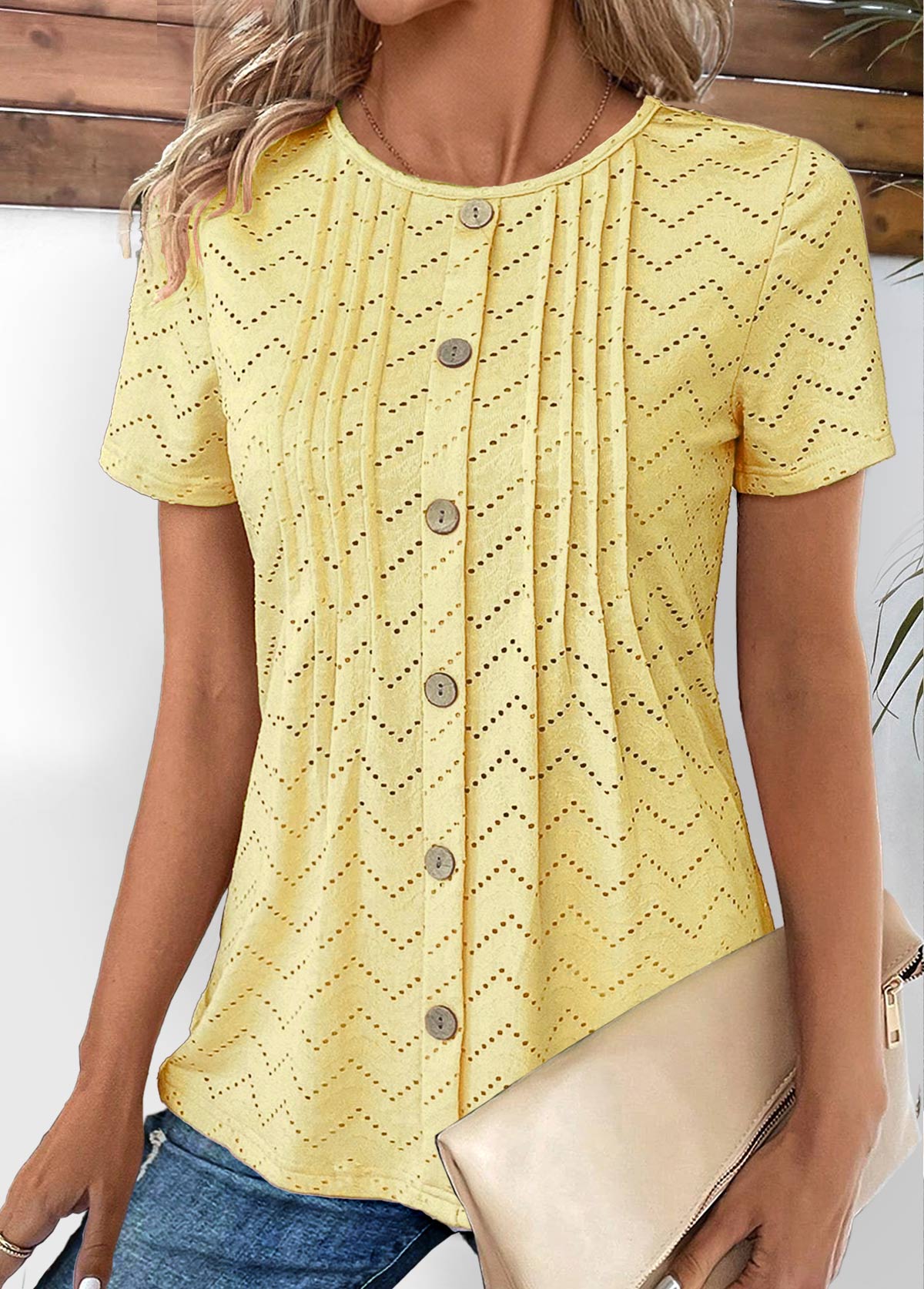 Light Yellow Tuck Stitch Short Sleeve T Shirt