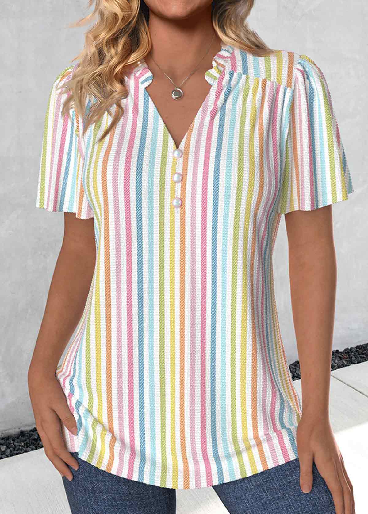 Multi Color Frill Striped Short Sleeve V Neck Blouse