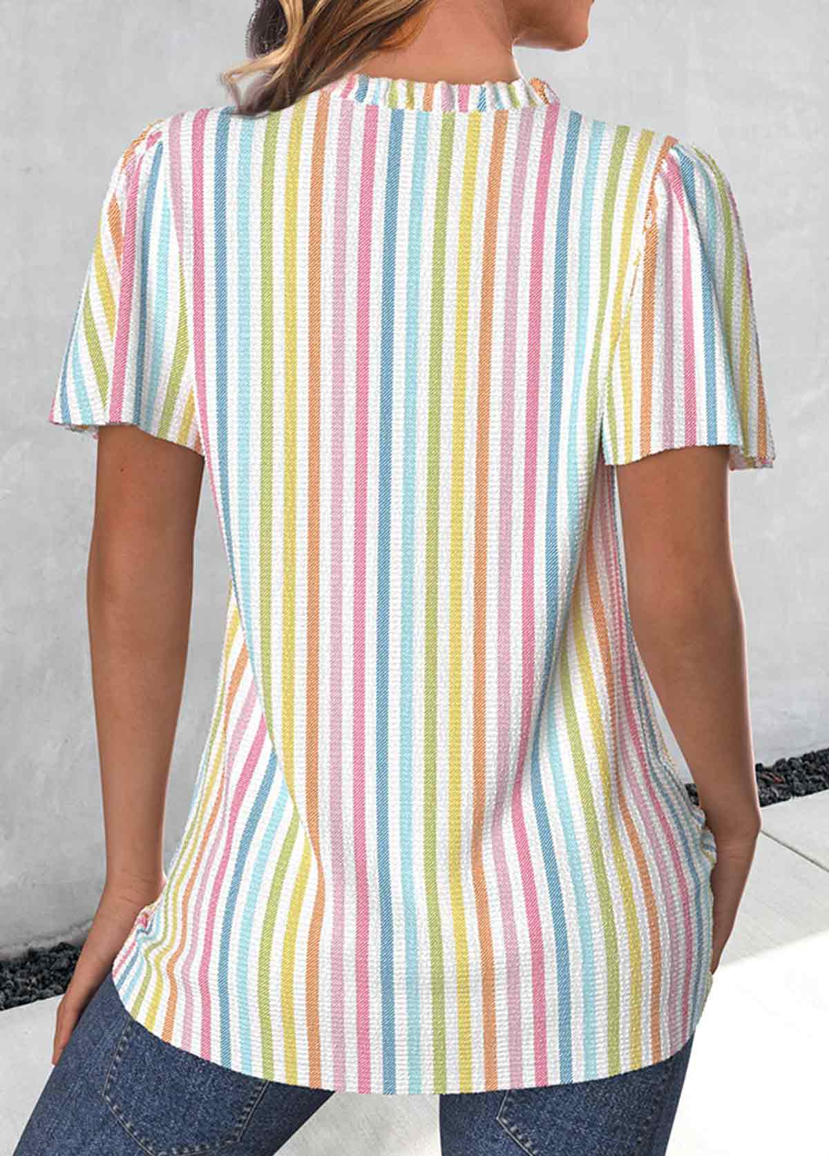 Multi Color Frill Striped Short Sleeve V Neck Blouse