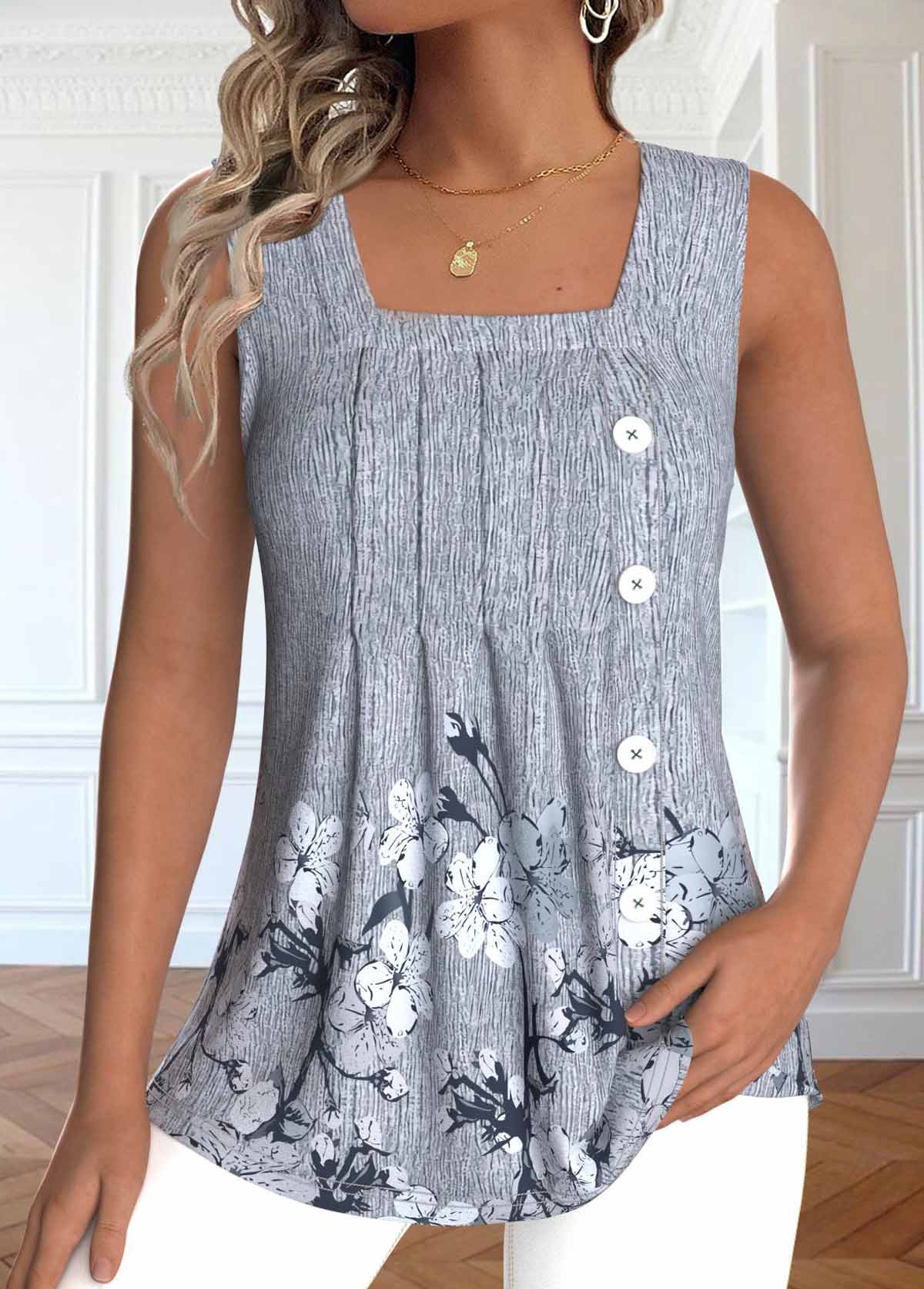 Plus Size Light Grey Marl Button Sleeveless Tank Top | picture 