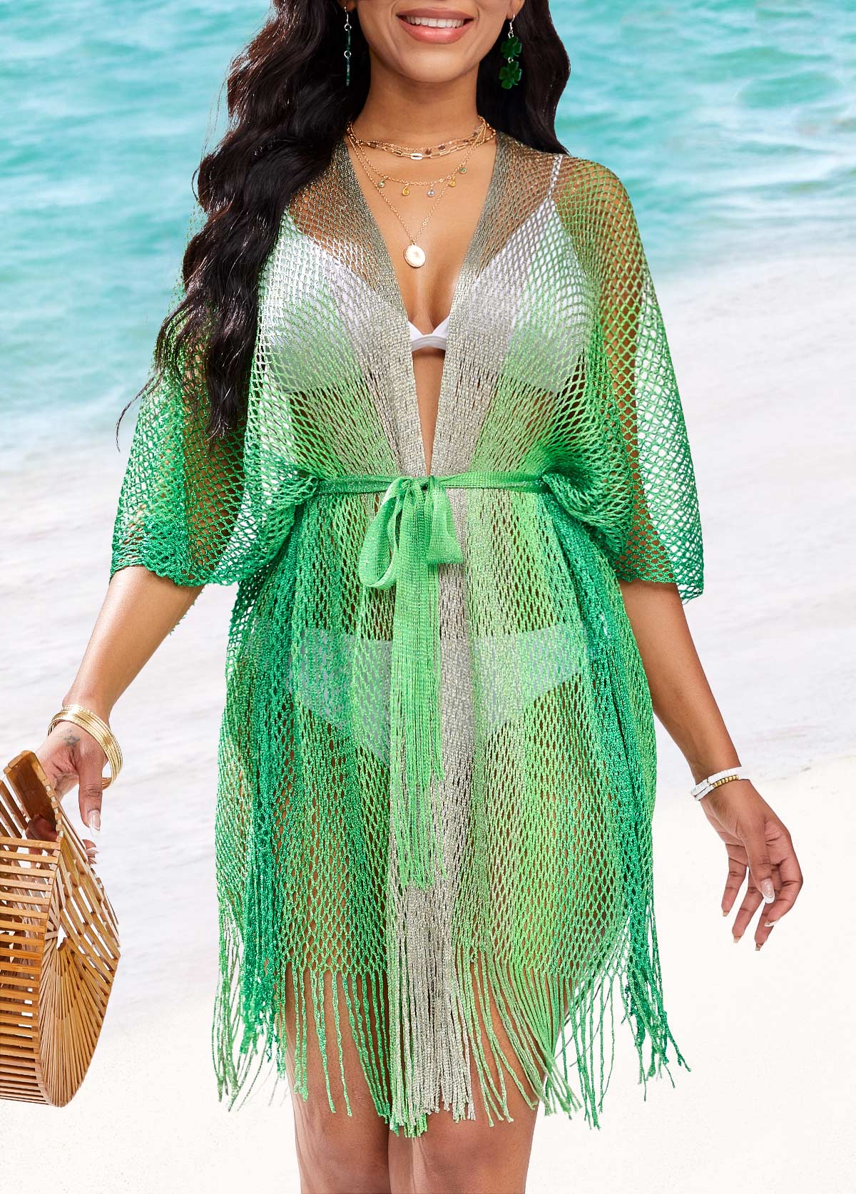 Tassel Ombre Green Hollow Cover Up
