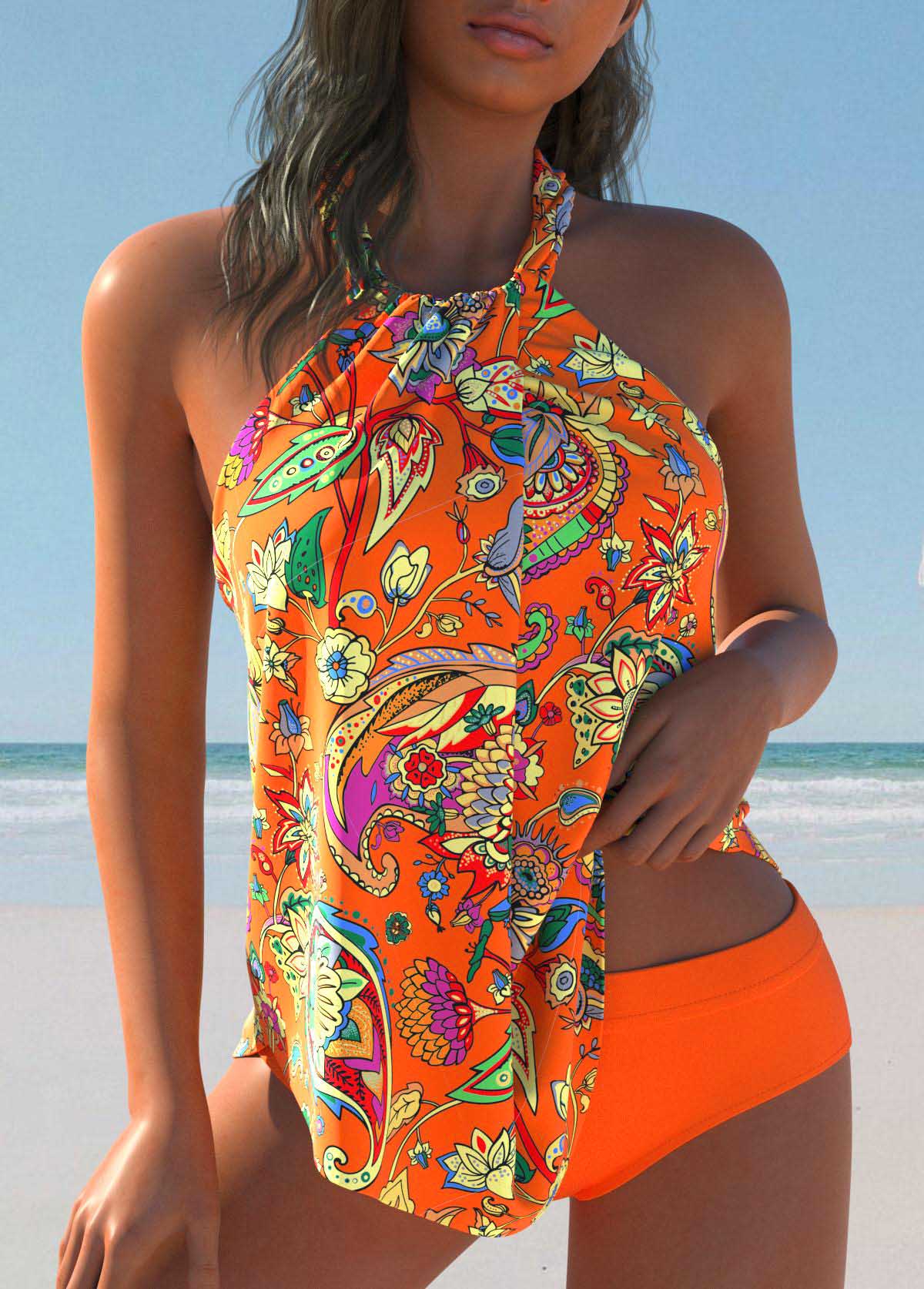 Twist Floral Print Orange Tankini Set | picture 