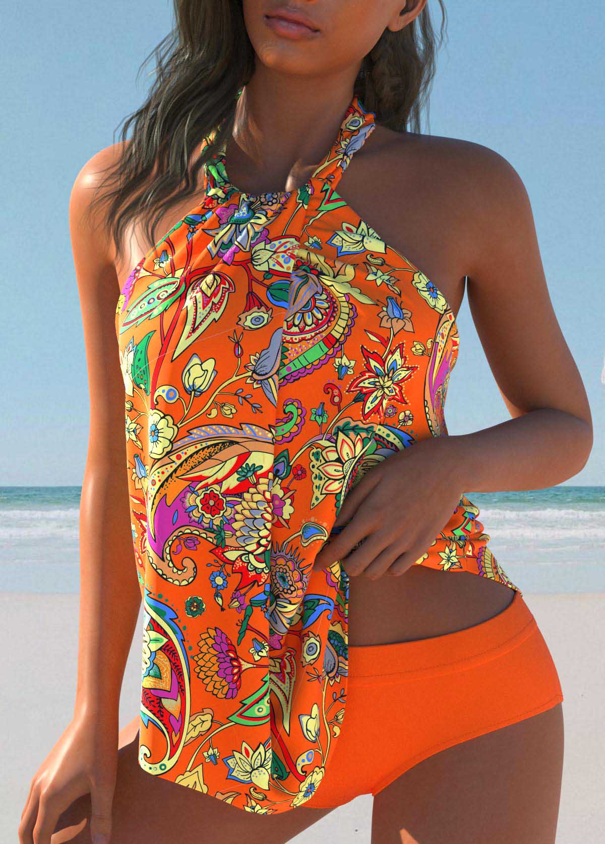 Twist Floral Print Orange Tankini Set | picture 