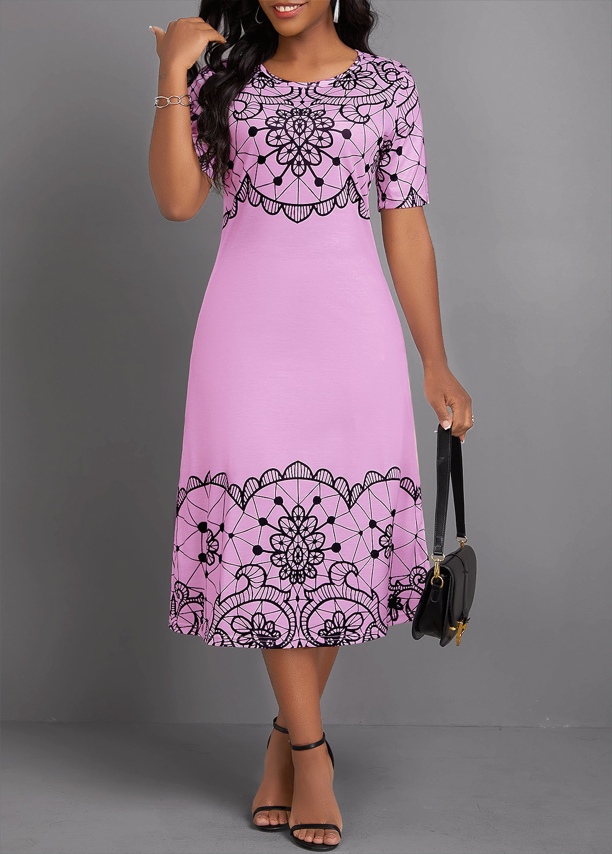 Neon Pink Geometric Print Short Sleeve Round Neck Dress