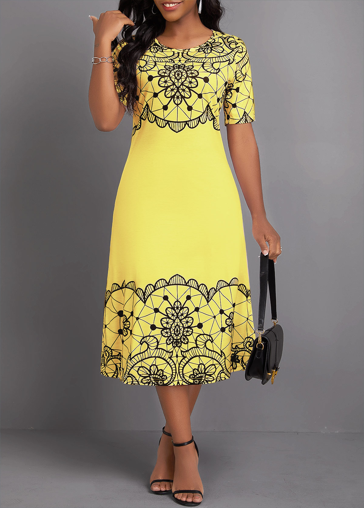 Light Yellow Geometric Print Short Sleeve Round Neck Dress