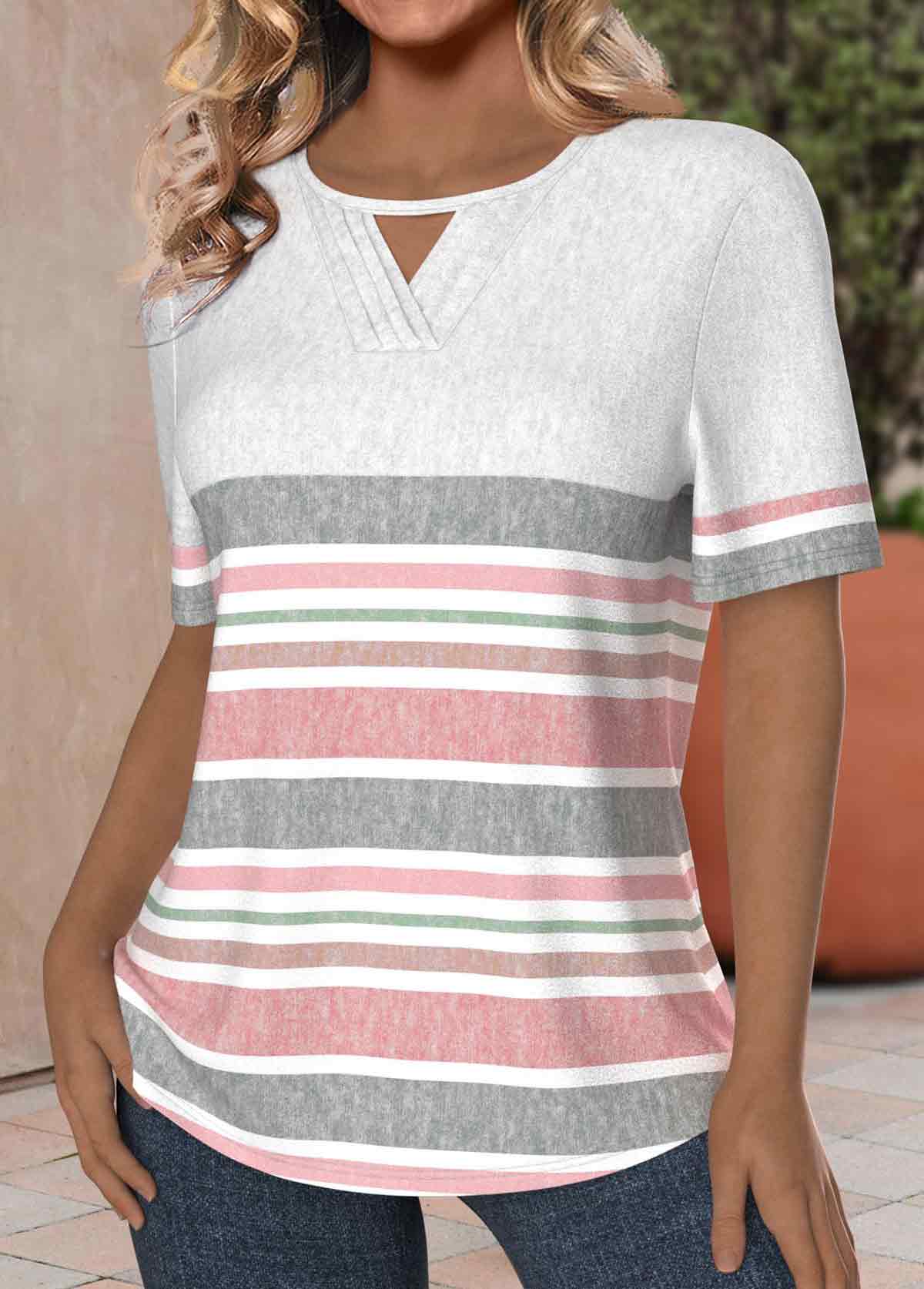 Light Pink Tuck Stitch Striped Short Sleeve T Shirt
