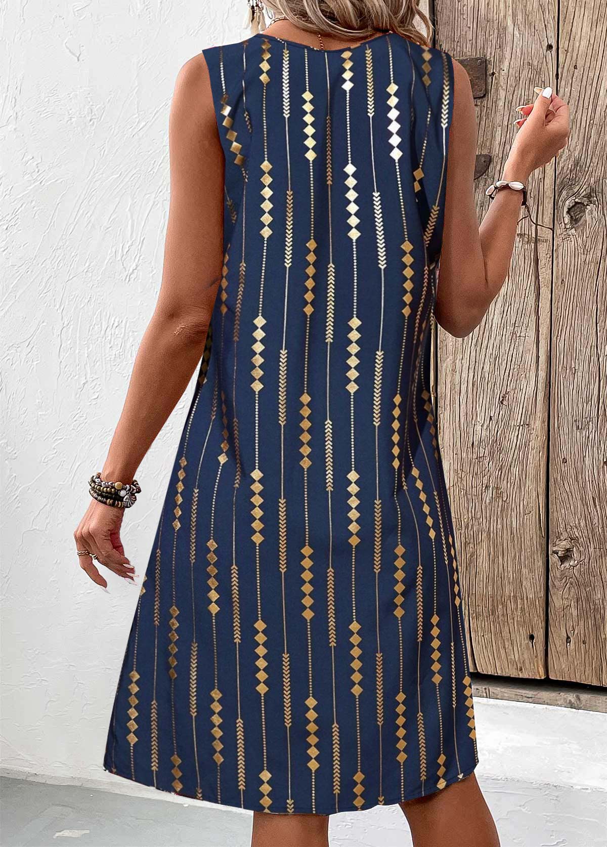 Blue Hot Stamping Geometric Print A Line Sleeveless Dress