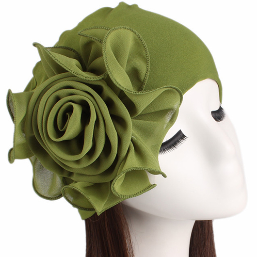 Olive Green Floral Design Turban Hat