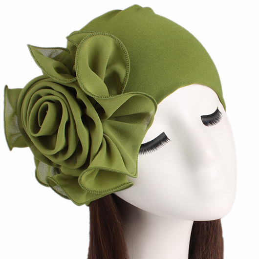 Olive Green Floral Design Turban Hat