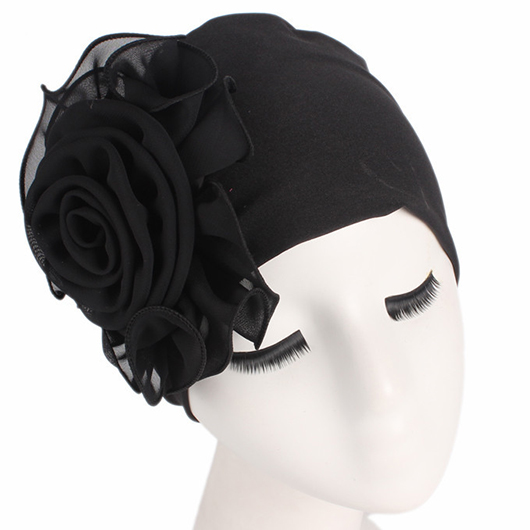 Black Stretchy Floral Design Turban Hat