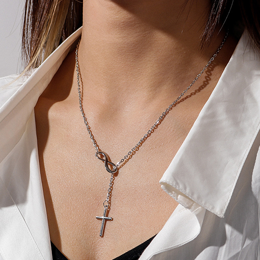 Silvery White Cross Design Alloy Necklace