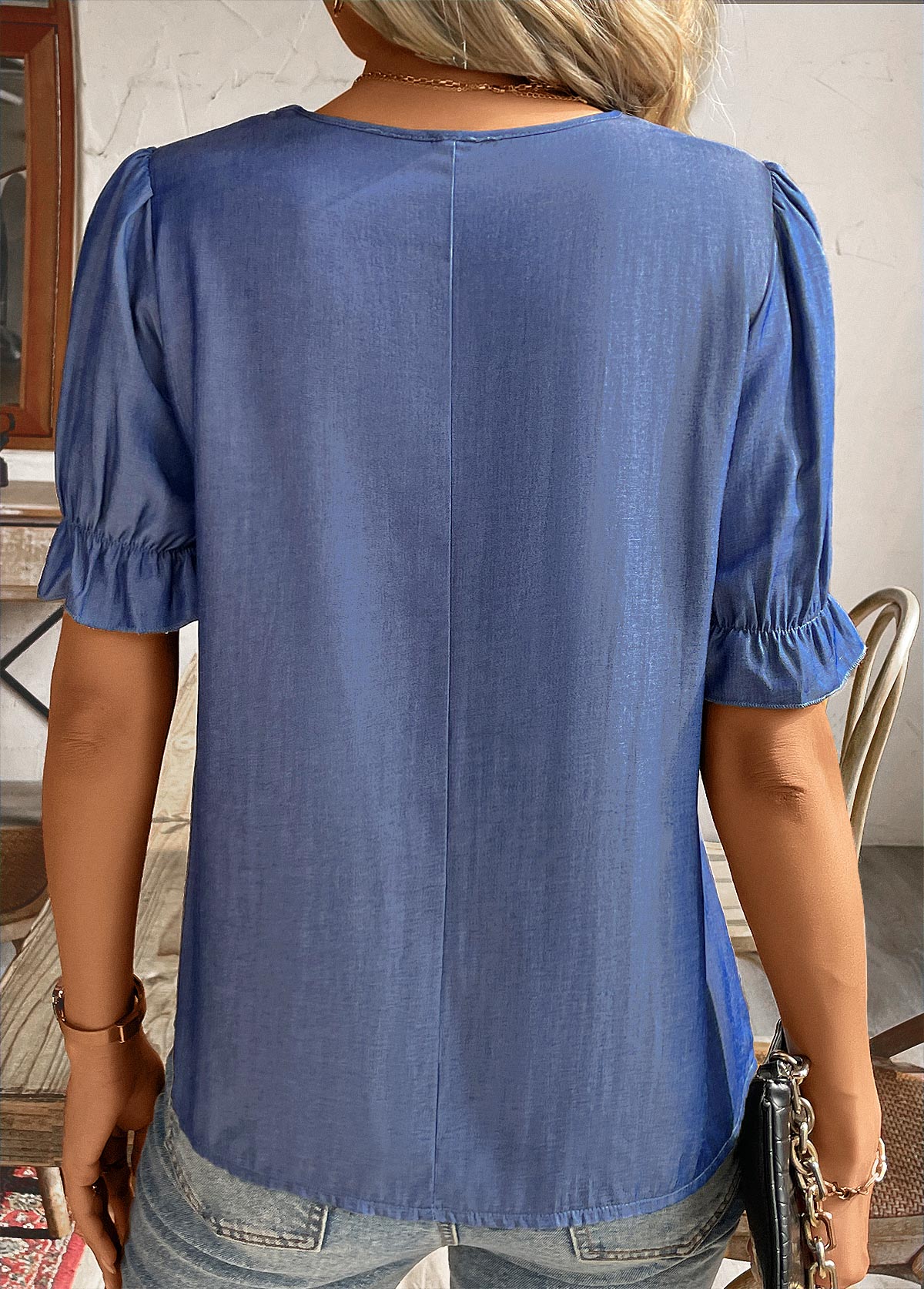 Denim Blue Patchwork Short Sleeve V Neck Shirt