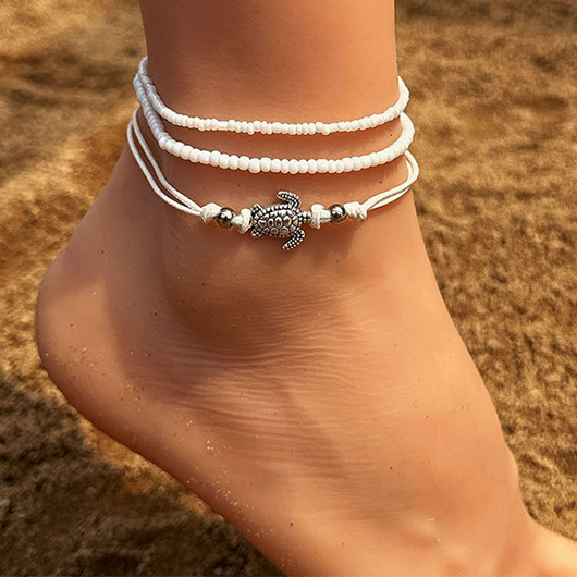 White Beaded Animal Patchwork Layered Anklets