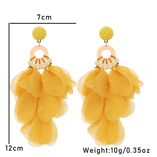 Yellow Patchwork Circular Ring Beaded Floral Earrings