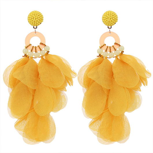 Yellow Patchwork Circular Ring Beaded Floral Earrings