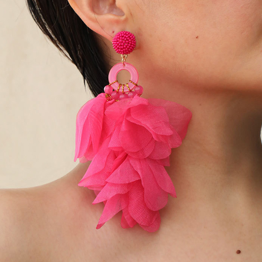 Neon Rose Red Patchwork Beaded Floral Earrings