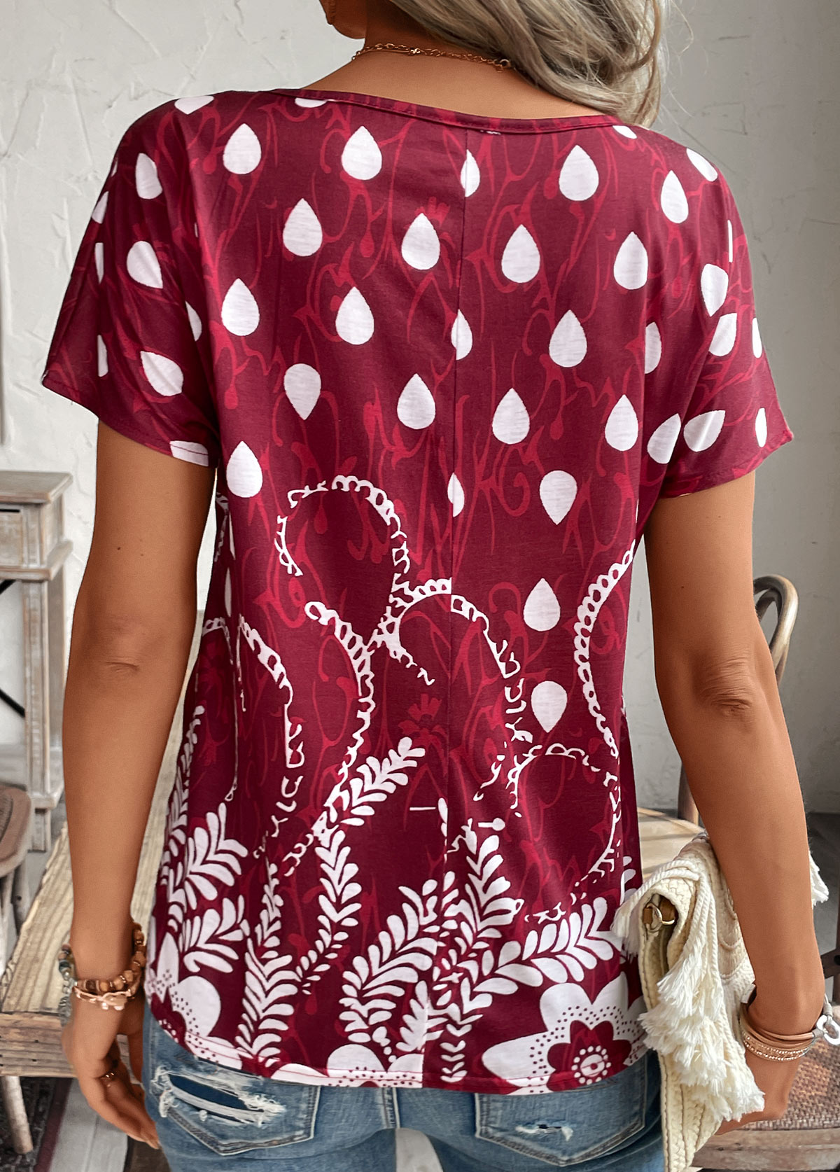 Wine Red Cross Hem Floral Print T Shirt