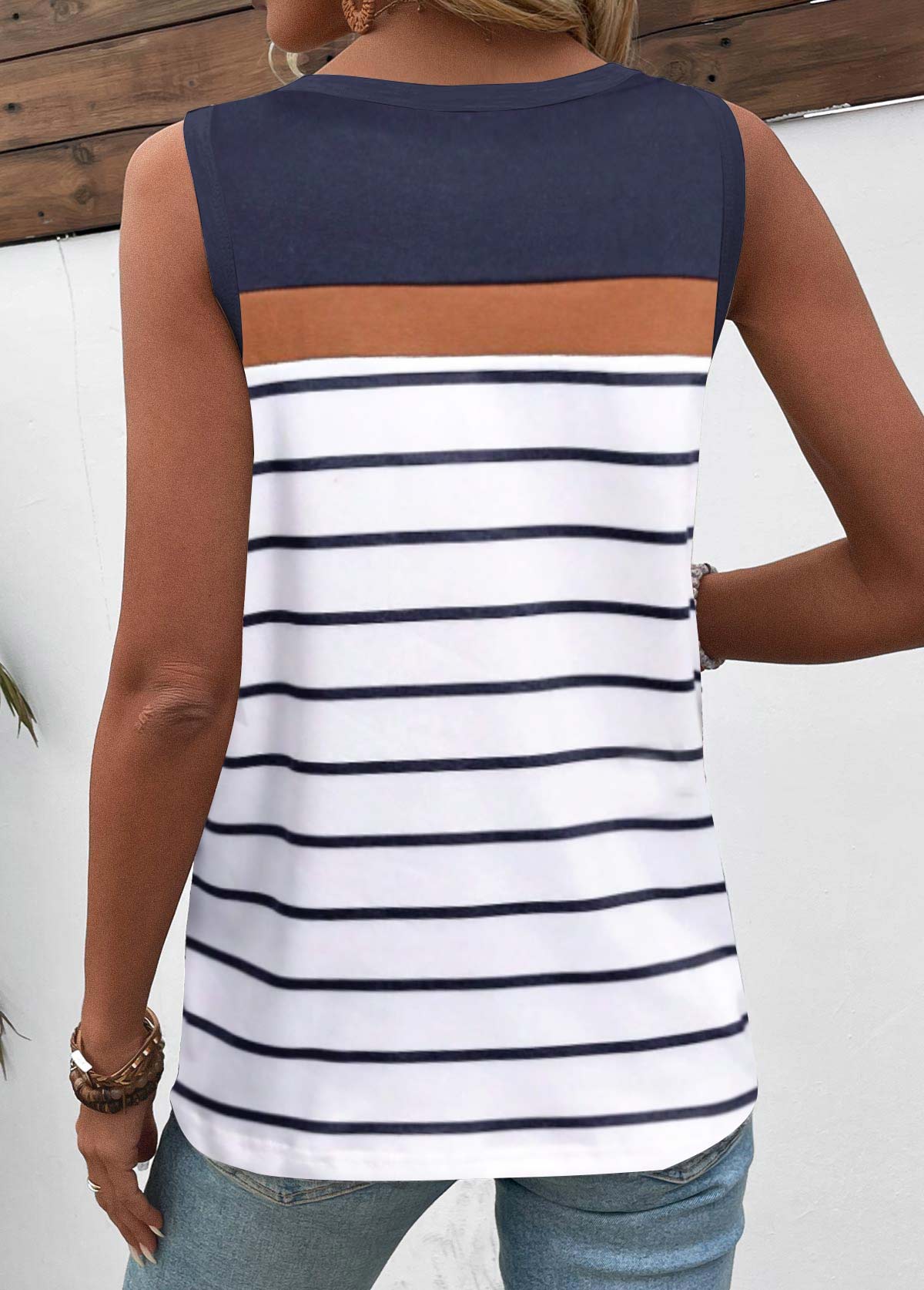 White Patchwork Striped Sleeveless Round Neck Tank Top | picture 