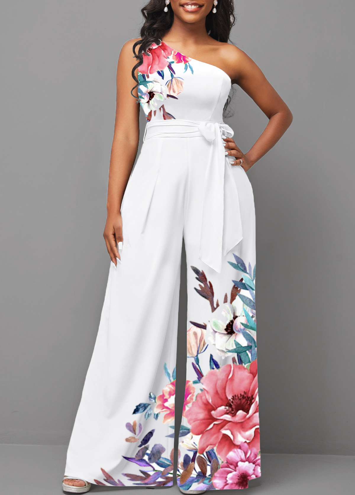 White Tie Floral Print Long Belted Sleeveless Jumpsuit