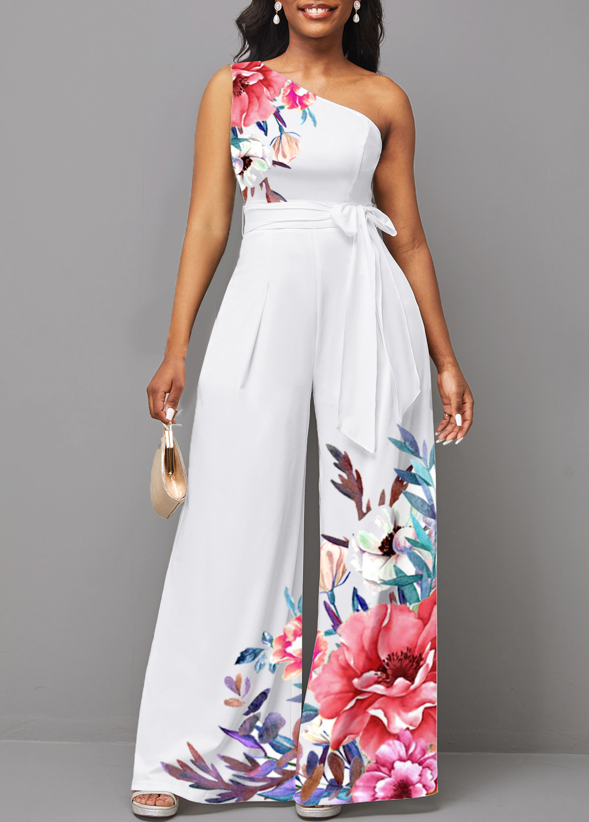 White Tie Floral Print Long Belted Sleeveless Jumpsuit