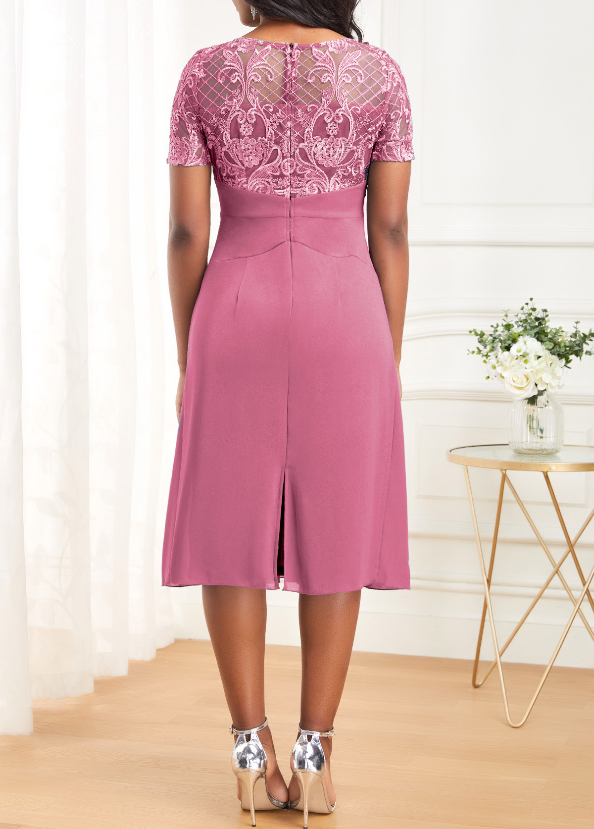 Pink Lace Patchwork Short Sleeve Dress