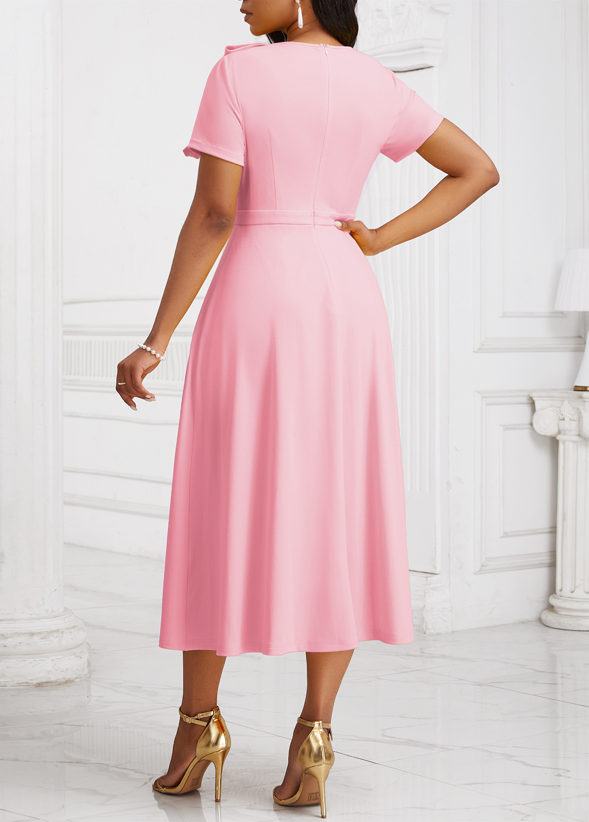 Light Pink Zipper Short Sleeve Asymmetrical Neck Dress