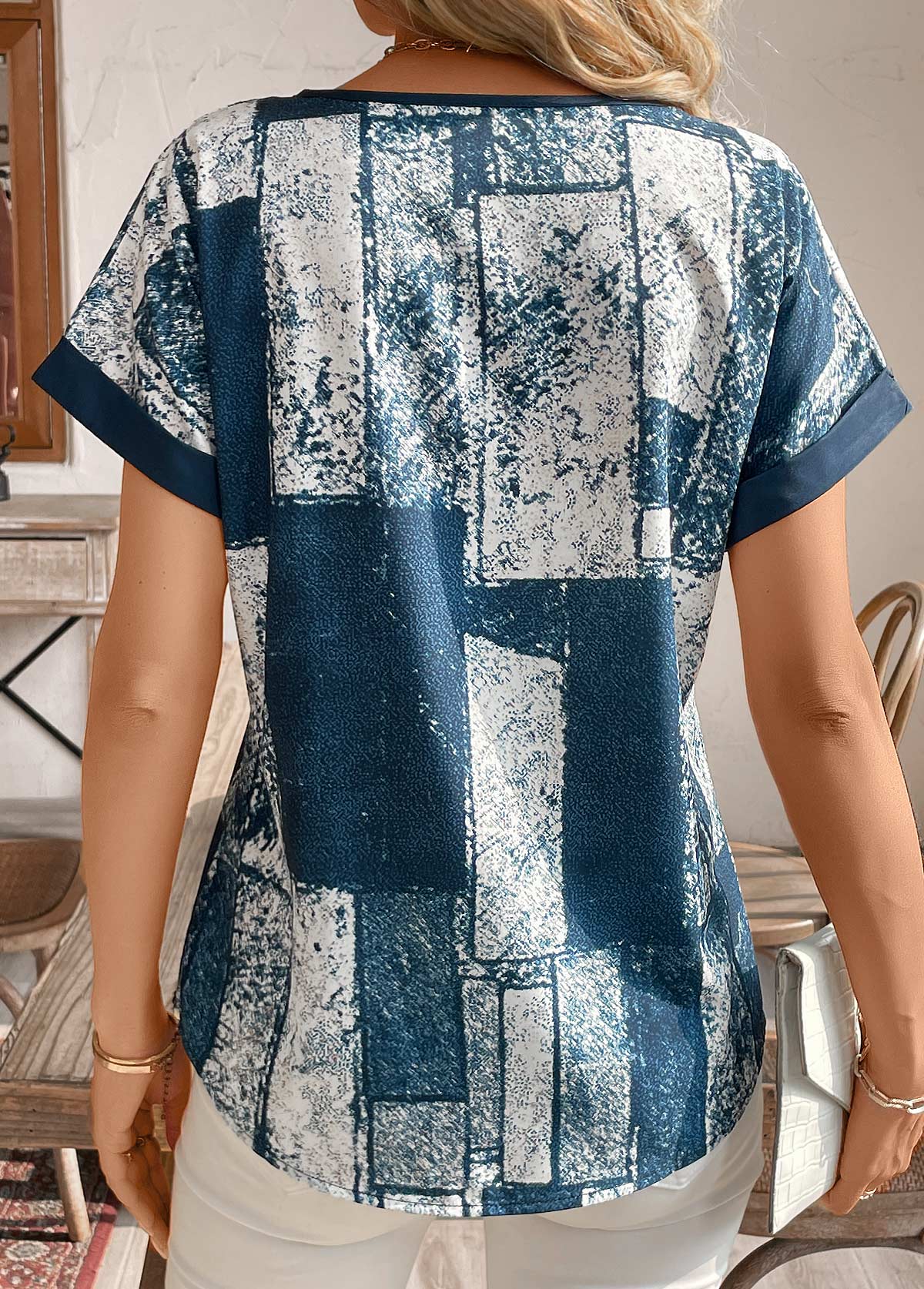 Peacock Blue Split Geometric Print Short Sleeve T Shirt