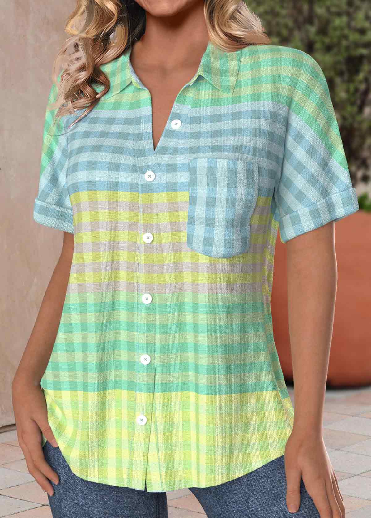 Multi Color Pocket Plaid Short Sleeve Shirt Collar Blouse